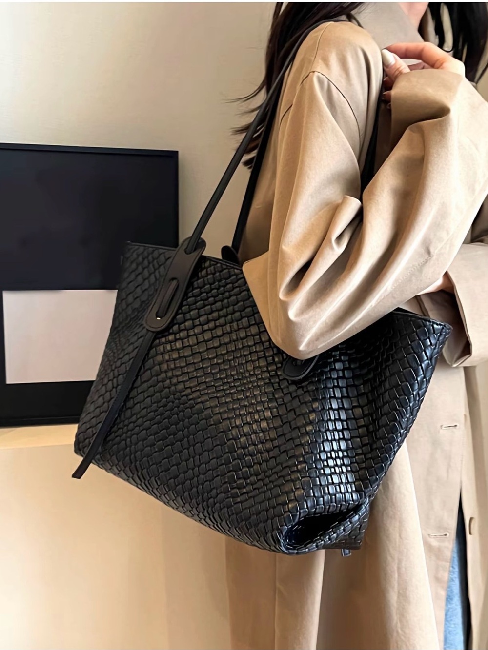 Black Woven Tote Bag with Double Shoulder Straps - Picture 3 of 9